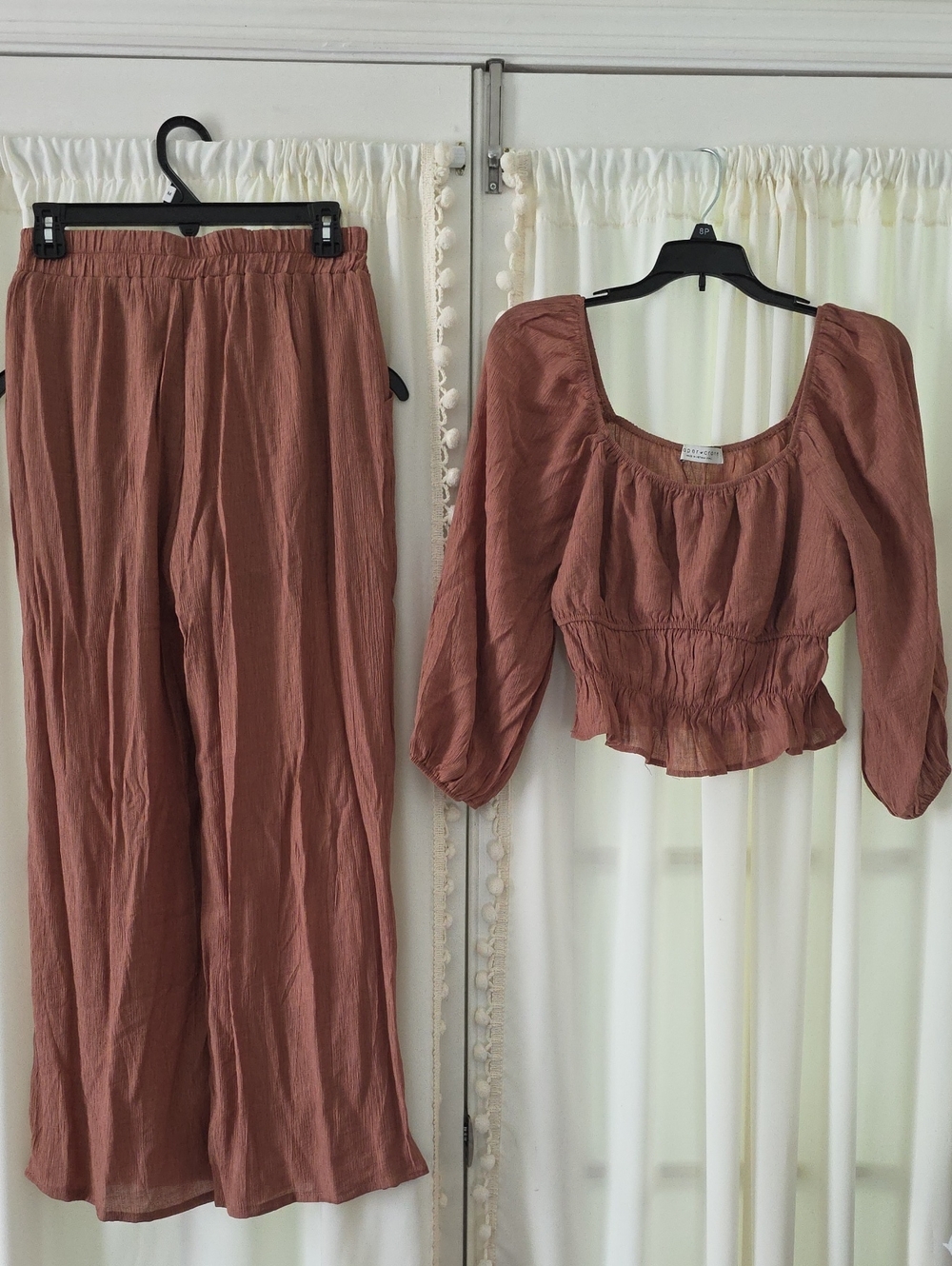 Smocked Crop Top & Wide-Leg Pants Set - Dusty Rose